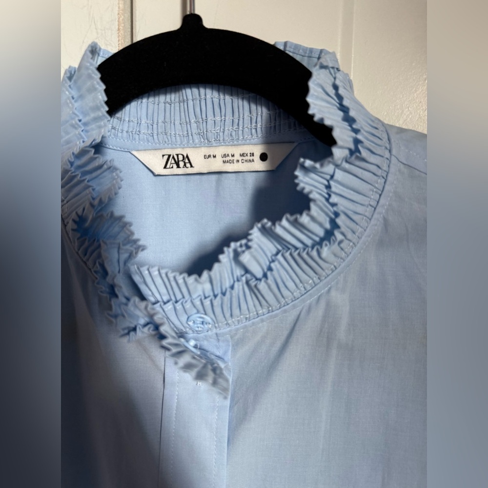 NWOT Zara light blue ruffle-trimmed blouse. Size M. - Picture 3 of 5